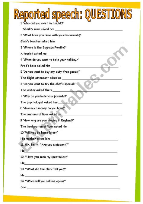 Try this <b>exercise</b> to test your grammar. . Reported speech exercises questions